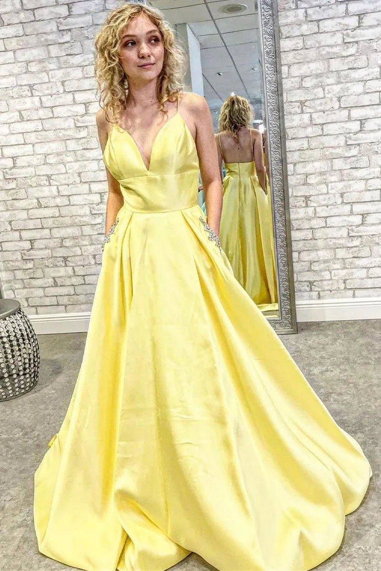 Vestido de fiesta con escote en A, espalda descubierta y bolsillos